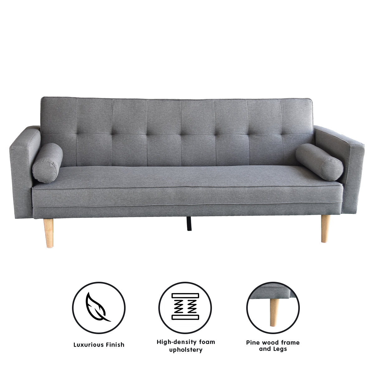 Light grey linen sofa bed front view with icons for luxurious finish, high-density foam and pine wood legs