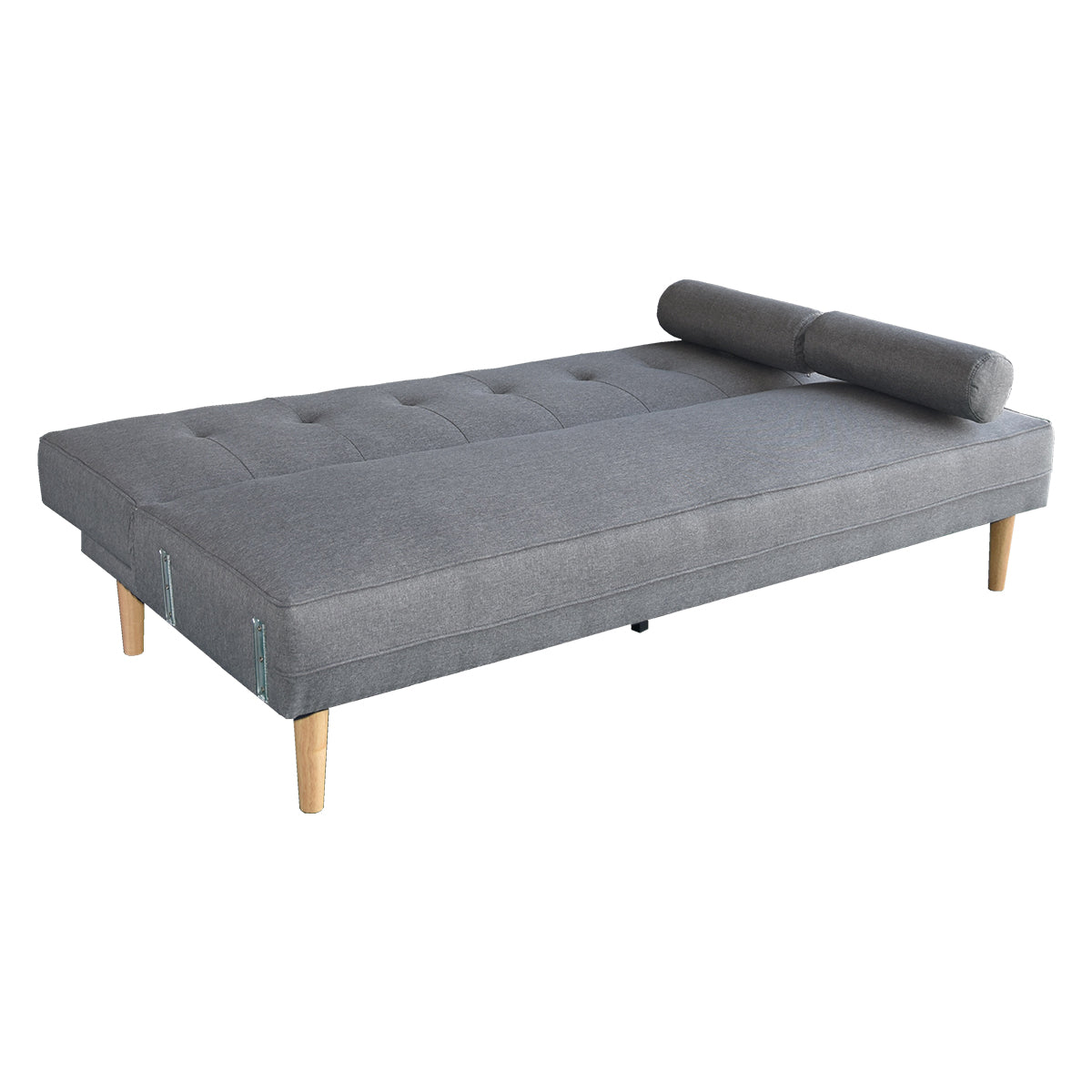 Light grey linen sofa bed reclined flat viewed from left angle showing full bed surface and bolster cushion