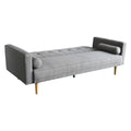 Light grey linen sofa bed fully reclined to flat bed position viewed from right angle with bolster cushion