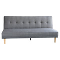 Light grey tufted fabric sofa bed front view in upright position without cushions on white background