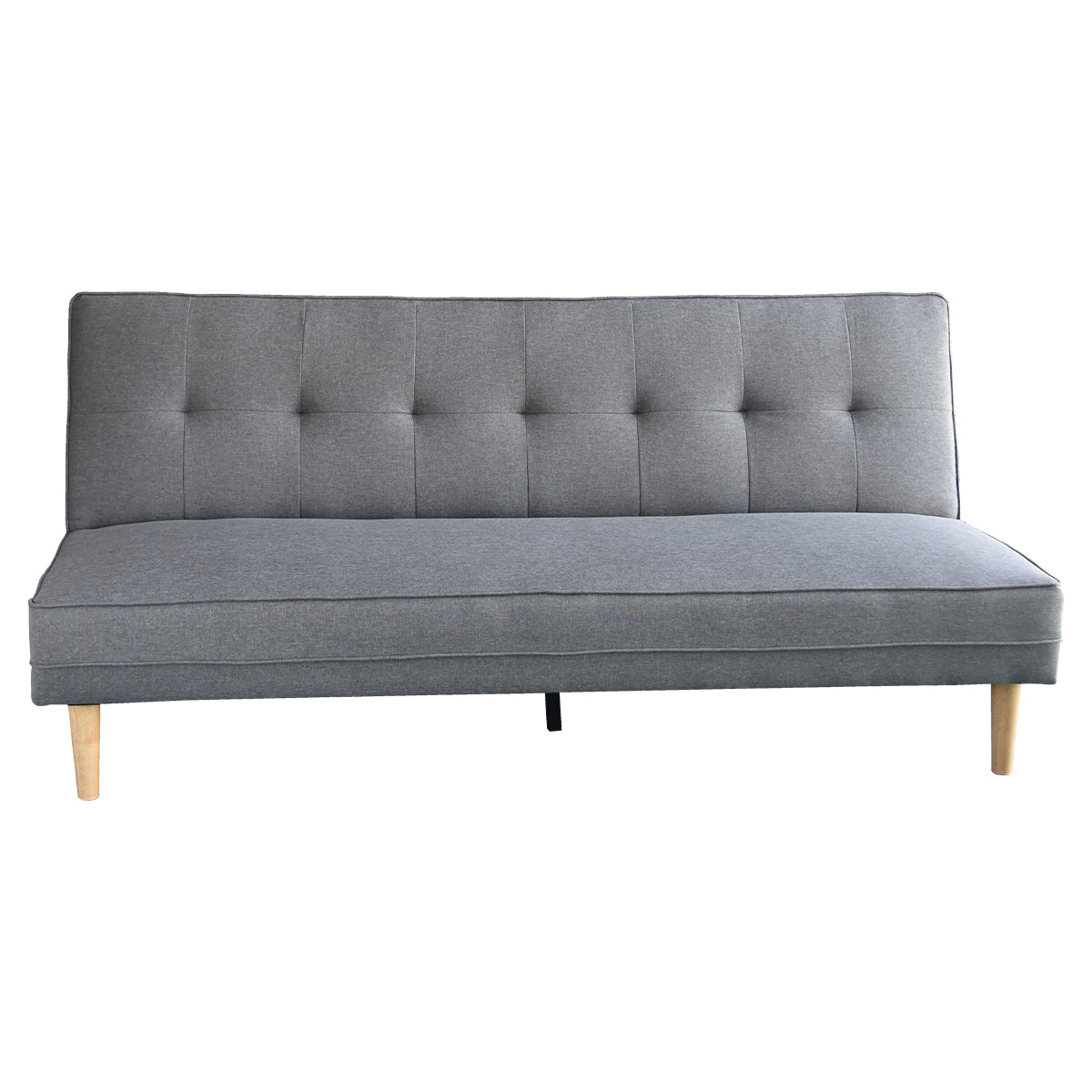 Light grey tufted fabric sofa bed front view in upright position without cushions on white background