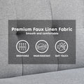 Premium faux linen fabric close-up on grey sofa showing breathable, wear-resistant and soft touch properties
