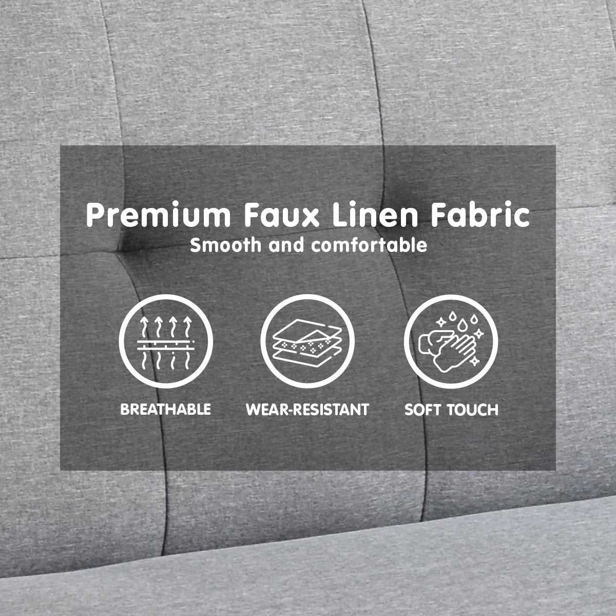 Premium faux linen fabric close-up on grey sofa showing breathable, wear-resistant and soft touch properties