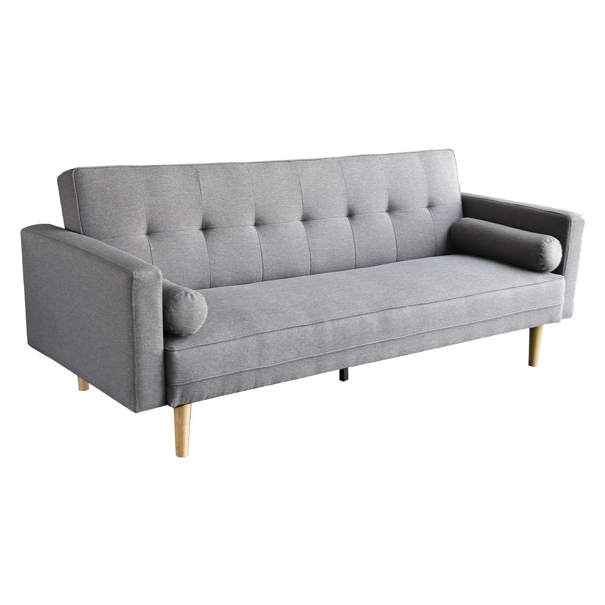 Light grey tufted linen sofa bed with cylindrical bolster cushions and tapered wooden legs on white background