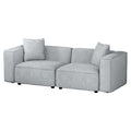 Angle view of light grey linen 2-seater modular sofa with rounded arms on white background