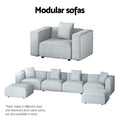 Modular sofas infographic showing armchair and extended multi-seater configuration options for light grey sofa