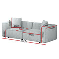 Dimensions diagram for light grey linen modular sofa: 201cm wide, 64cm seat depth, 82cm back height