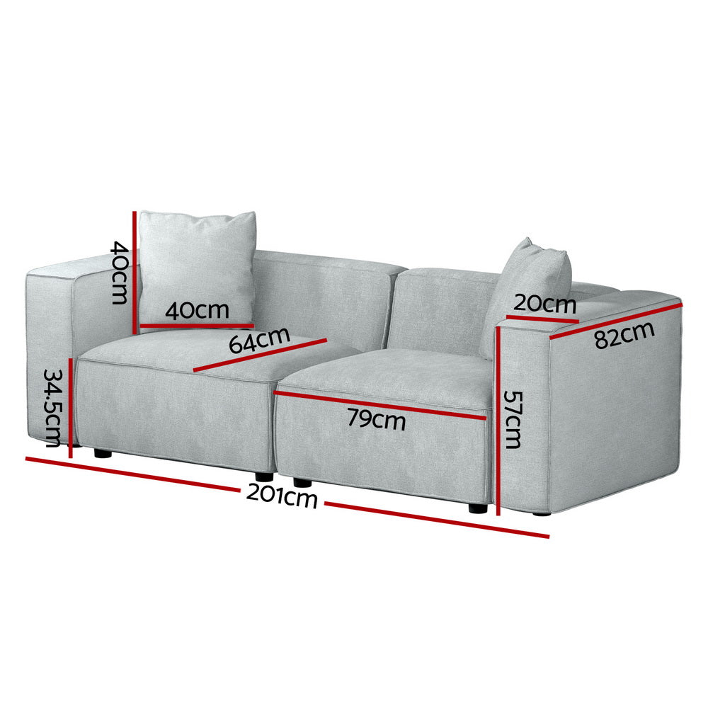Dimensions diagram for light grey linen modular sofa: 201cm wide, 64cm seat depth, 82cm back height