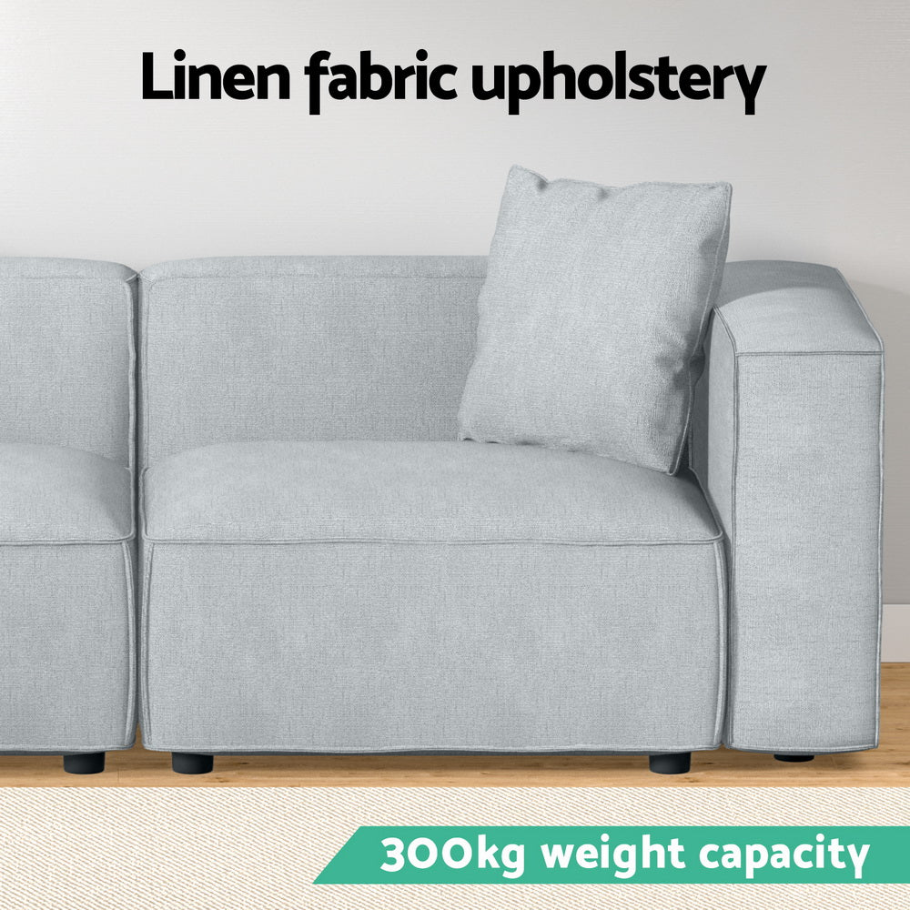 Feature infographic showing linen fabric upholstery close-up and 300kg weight capacity for modular sofa