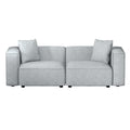 Front view of light grey linen 2-seater modular sofa with track armrests on white background