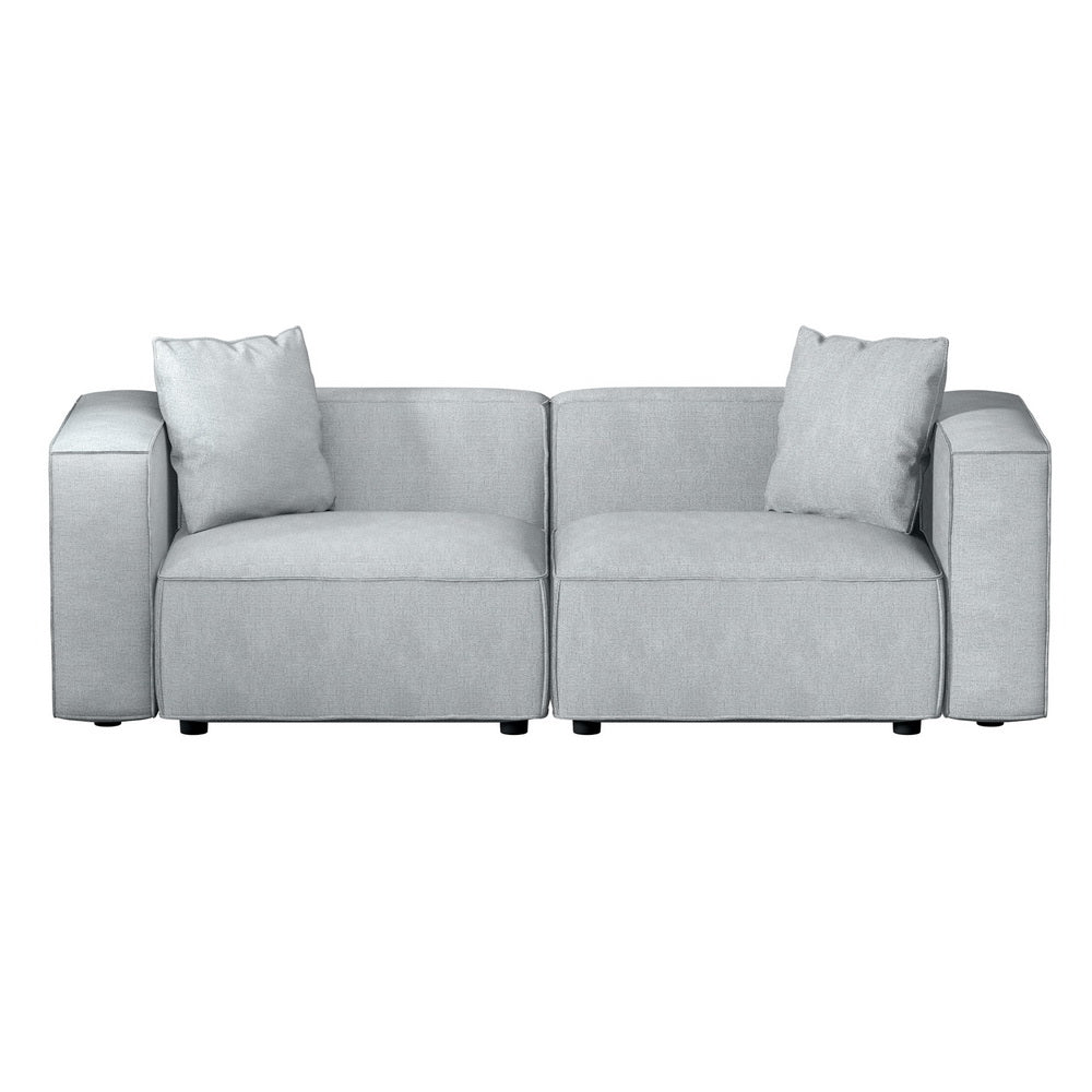 Front view of light grey linen 2-seater modular sofa with track armrests on white background