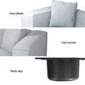 Product features infographic showing extra pillows, track armrest, and plastic legs for light grey modular sofa