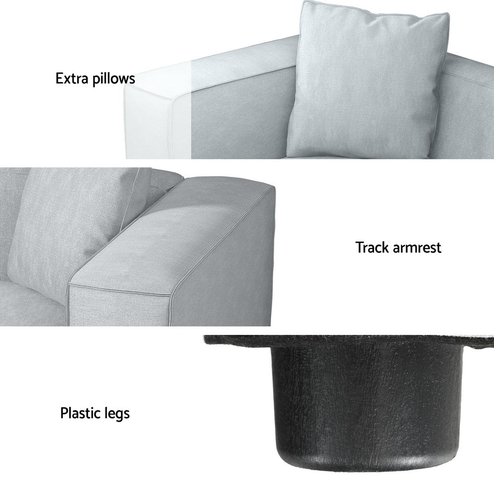 Product features infographic showing extra pillows, track armrest, and plastic legs for light grey modular sofa