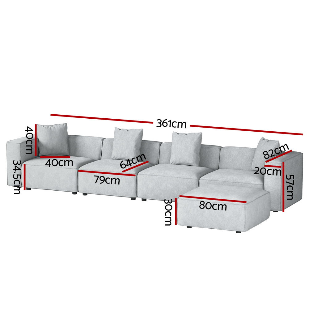 Dimensions diagram for light grey modular sofa 4-seater configuration: 361cm total width