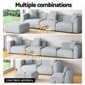 Multiple combinations infographic for light grey modular sofa showing three room arrangements with linen fabric