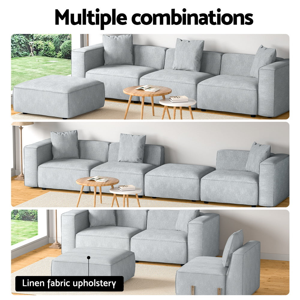 Multiple combinations infographic for light grey modular sofa showing three room arrangements with linen fabric