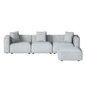 Light grey modular 3-seater sofa with right-side ottoman, front view on white background