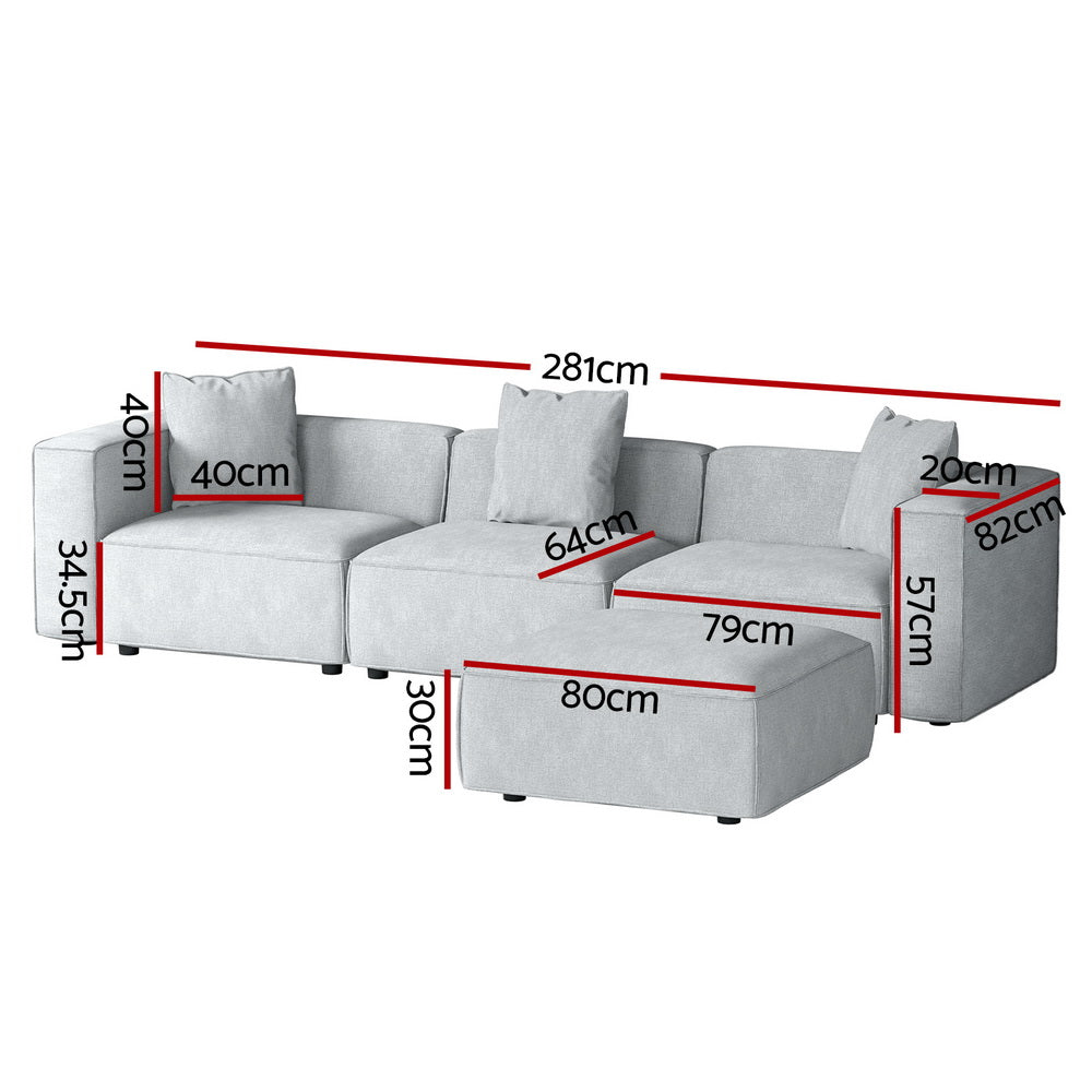 Light grey modular 3-seater sofa with matching ottoman on right, angle view on white background