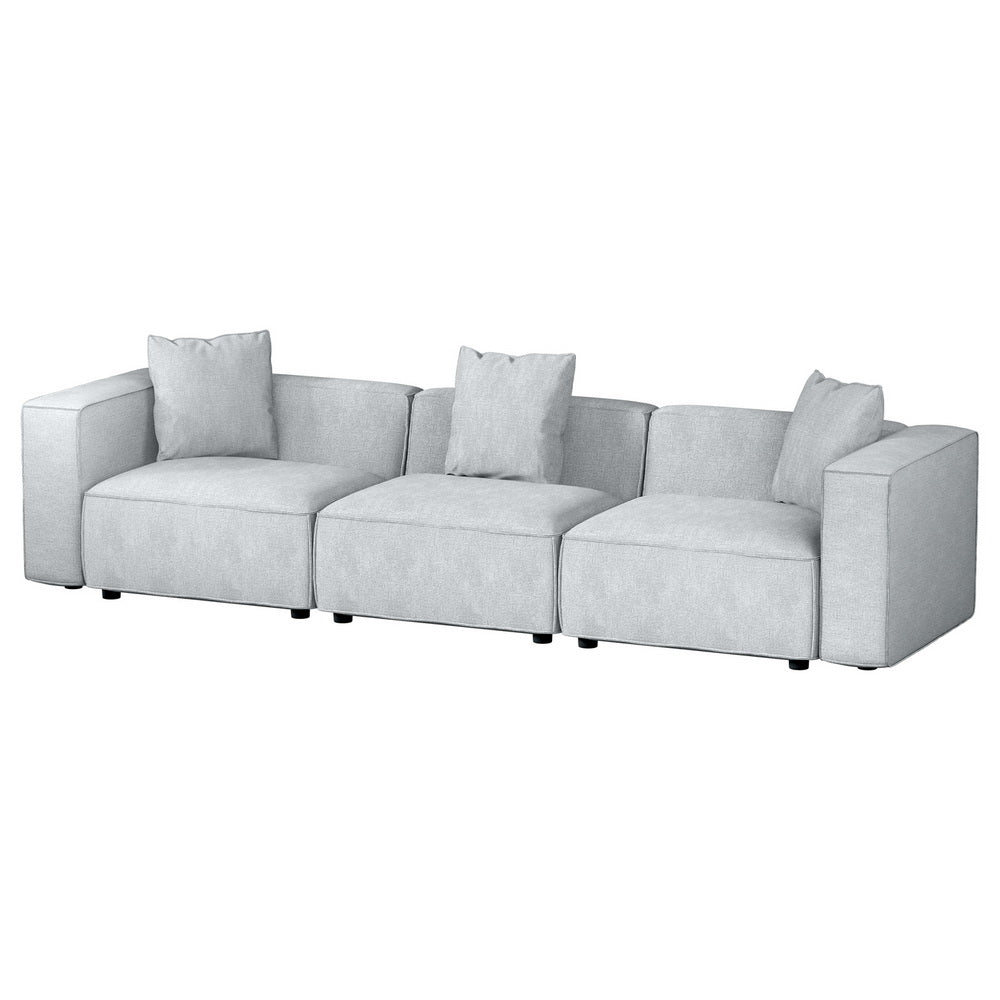 Light grey linen modular 3-seater sofa without ottoman, angle view on white background