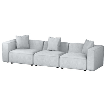 Light grey linen modular 3-seater sofa without ottoman, angle view on white background