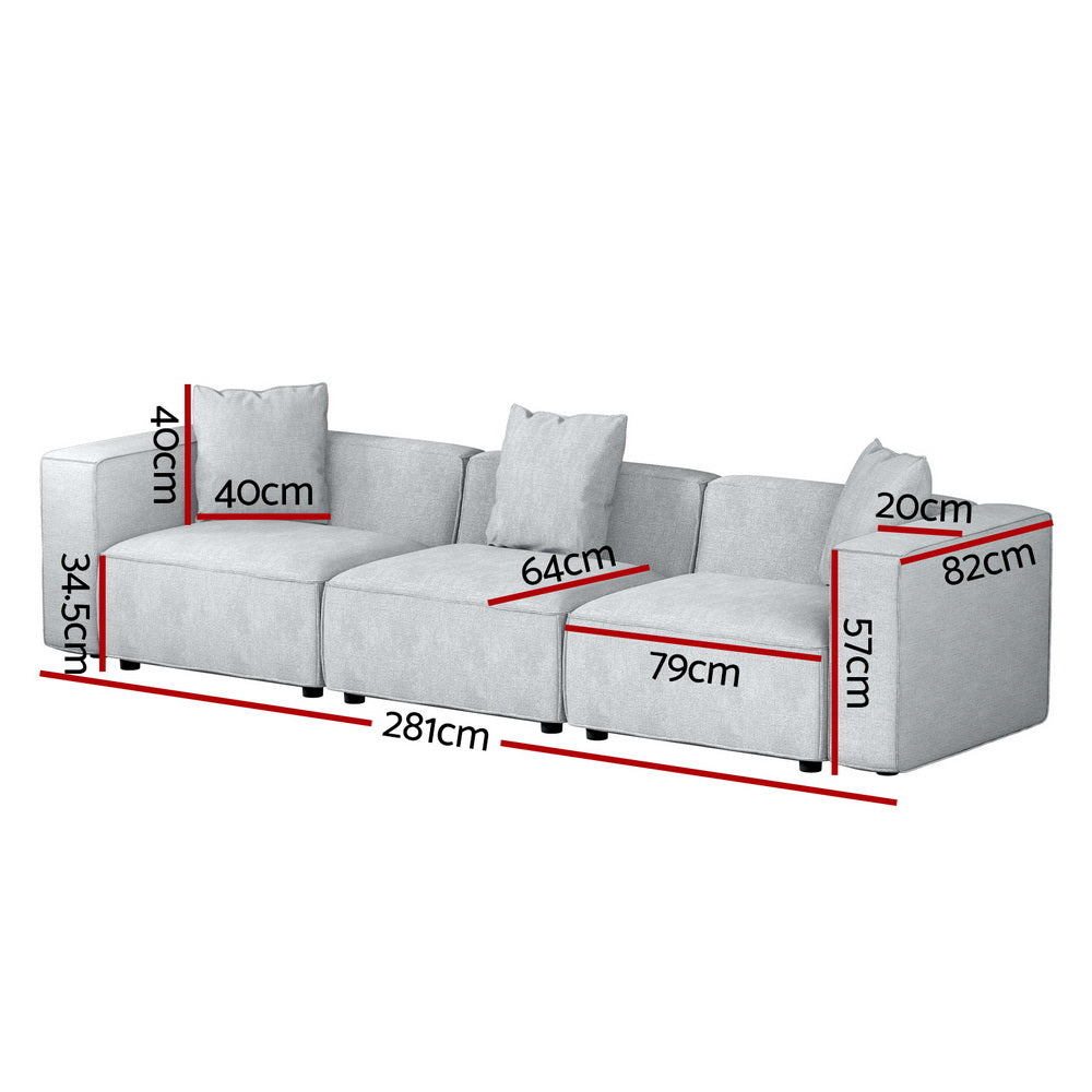 Light grey linen modular 3-seater sofa without ottoman, angle view on white background