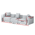 Dimensions diagram for light grey linen modular 3-seater sofa: 281cm total width, 82cm seat height
