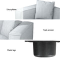Feature infographic for light grey linen modular sofa: extra pillows, track armrest, plastic legs details