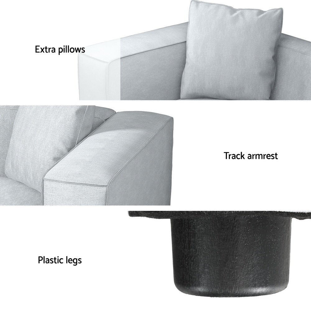 Feature infographic for light grey linen modular sofa: extra pillows, track armrest, plastic legs details