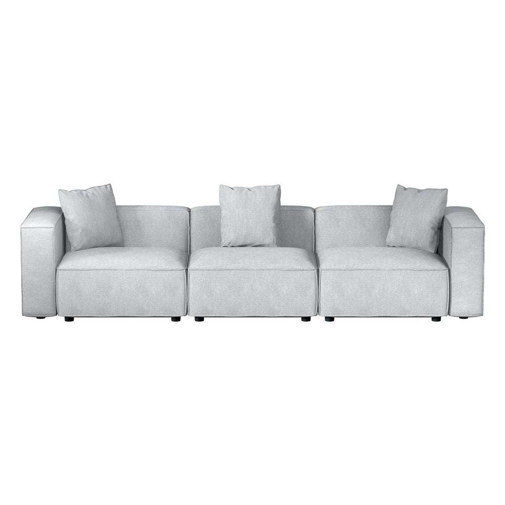Light grey linen modular 3-seater sofa without ottoman, front view on white background