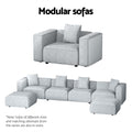 Modular sofas infographic showing light grey linen single armchair and full 4-seater extended configuration