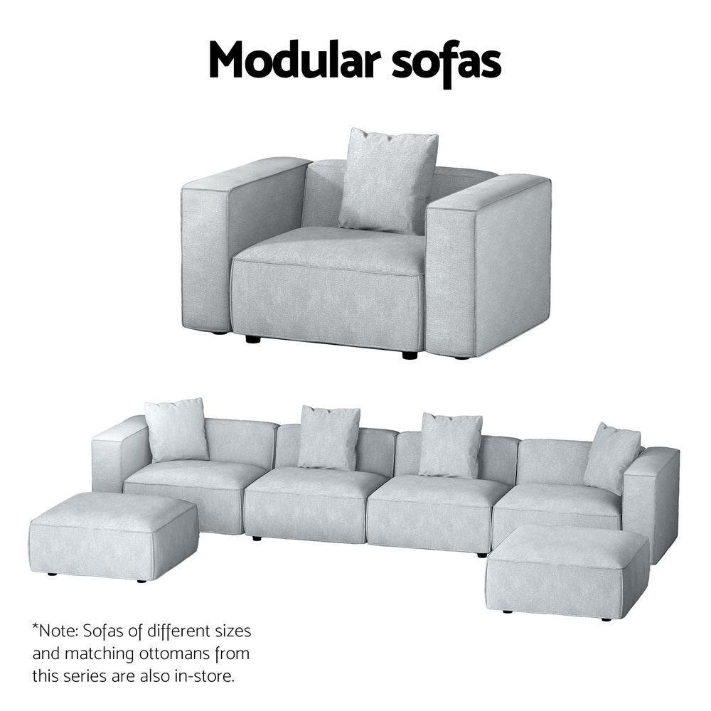 Modular sofas infographic showing light grey linen single armchair and full 4-seater extended configuration