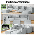 Multiple combinations infographic for light grey modular sofa showing three linen fabric room arrangements