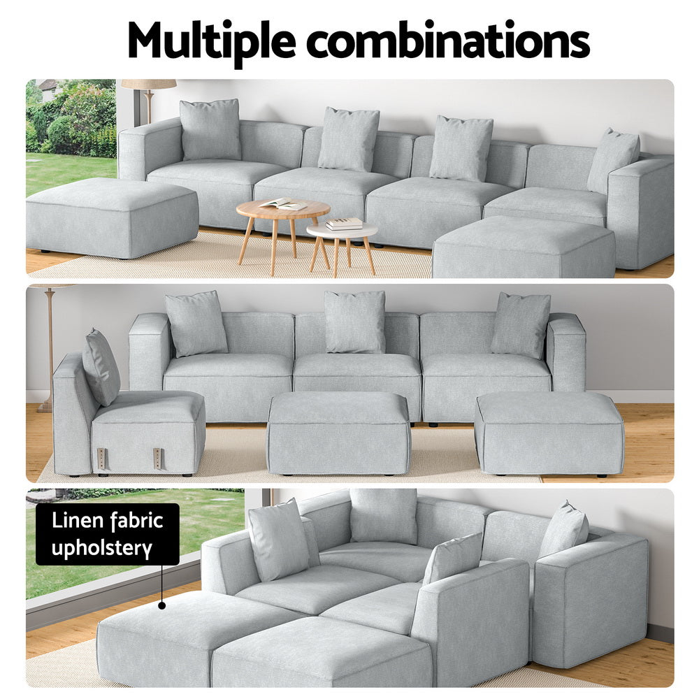 Multiple combinations infographic for light grey modular sofa showing three linen fabric room arrangements