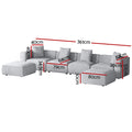 Dimensions diagram for light grey modular 6-piece sofa: 361cm total width, 82cm seat height, 80cm ottoman