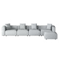 Multiple combinations infographic for light grey modular sofa showing three different room arrangement options