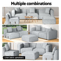 Light grey linen modular sofa multiple room arrangement combinations infographic with fabric badge