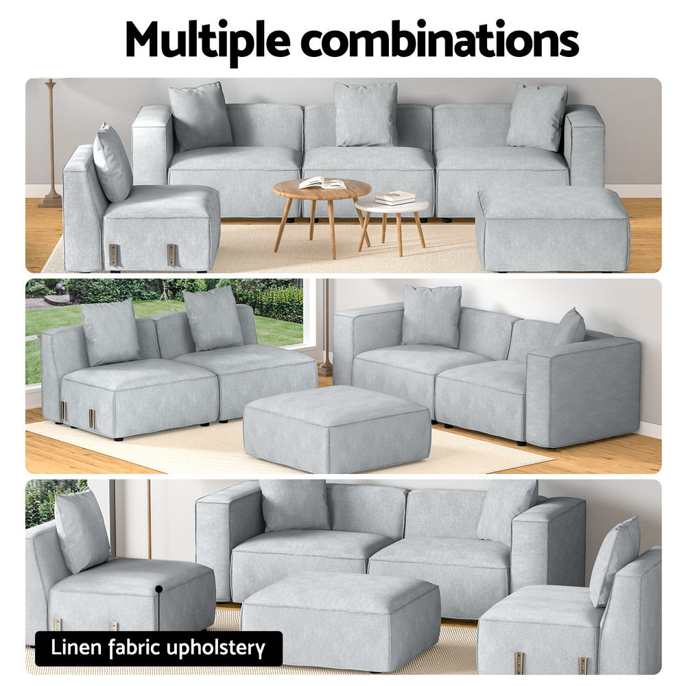 Light grey linen modular sofa multiple room arrangement combinations infographic with fabric badge
