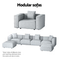 Modular sofas infographic showing single armchair and full extended sofa configuration in light grey