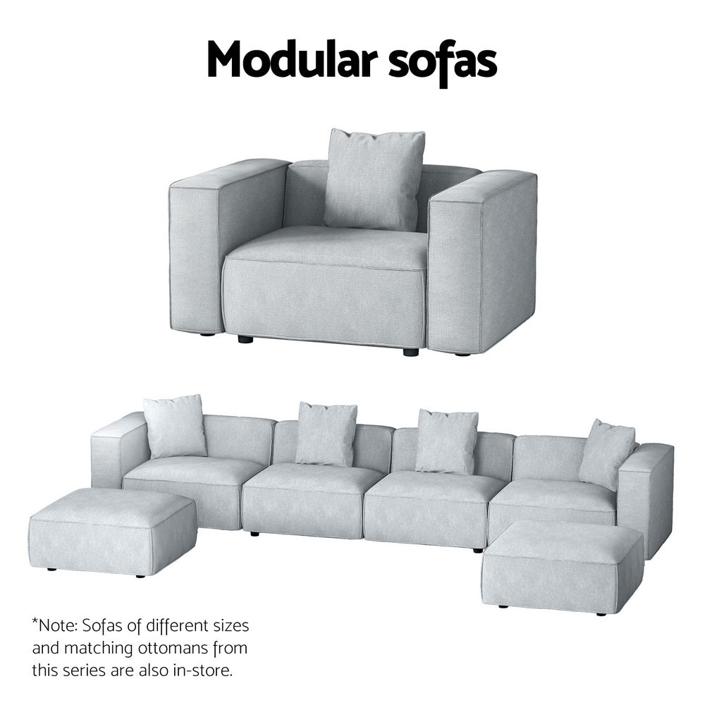 Modular sofas infographic showing single armchair and full extended sofa configuration in light grey