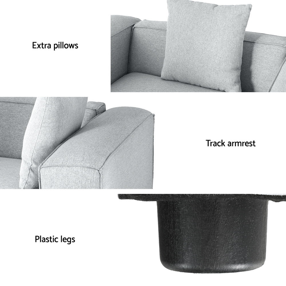 Three-panel feature infographic for light grey modular sofa: extra pillows, track armrest, plastic legs