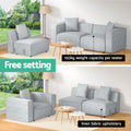 Free setting infographic for light grey linen modular sofa showing two room arrangements, 150kg weight capacity