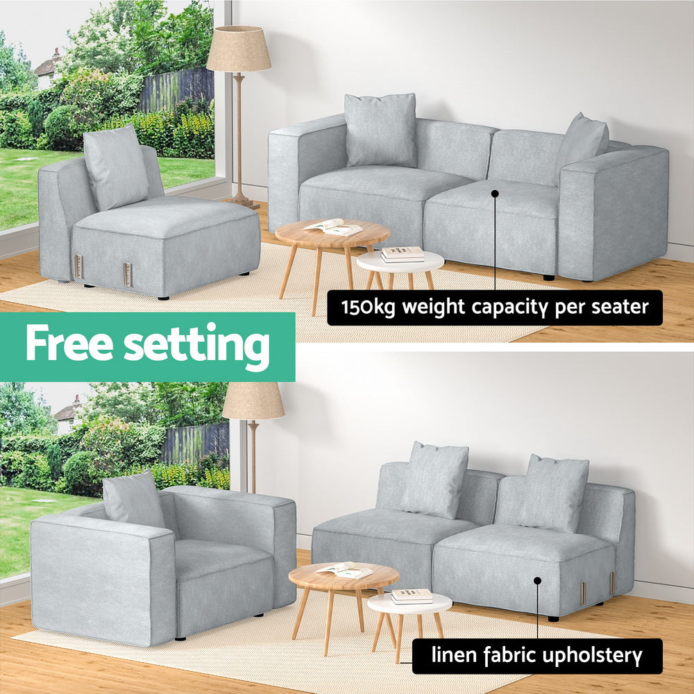 Free setting infographic for light grey linen modular sofa showing two room arrangements, 150kg weight capacity