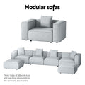 Modular sofas infographic showing light grey armchair and full 4-seater extended configuration with two ottomans
