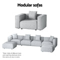 Modular sofas infographic showing light grey armchair single seat and full 4-seater configuration