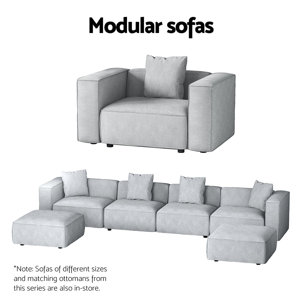 Modular sofas infographic showing light grey armchair single seat and full 4-seater configuration
