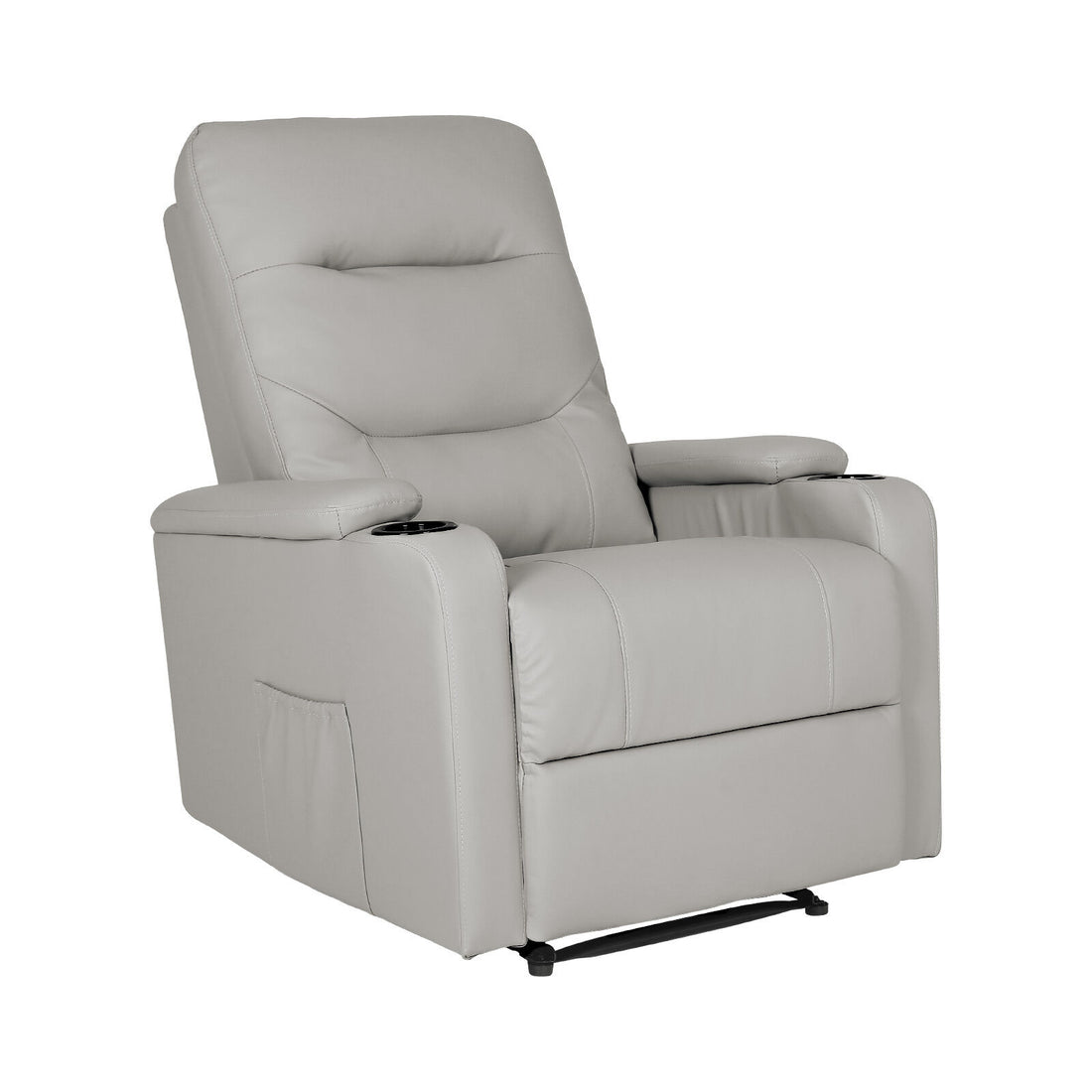 Light grey PU leather recliner with tufted backrest and cup holders on both armrests, white background