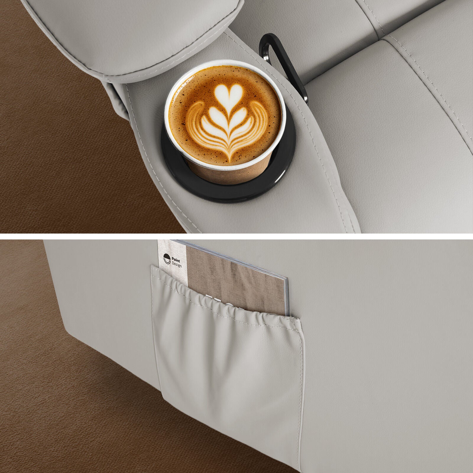 Light grey PU recliner detail split: top shows latte in armrest cup holder, bottom shows magazine in side pocket