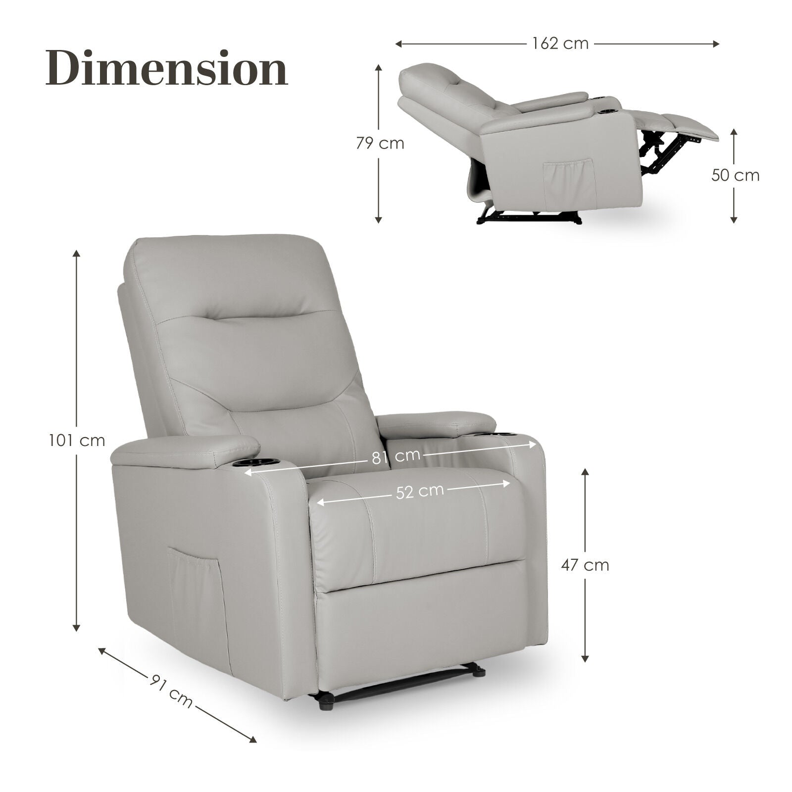 Light grey PU recliner dimension diagram: upright 101cm tall 91cm deep 81cm wide; reclined 162cm long