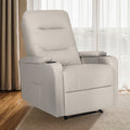 Light grey PU leather recliner three-quarter view, cup holders on armrests, side pocket visible, sheer curtained window