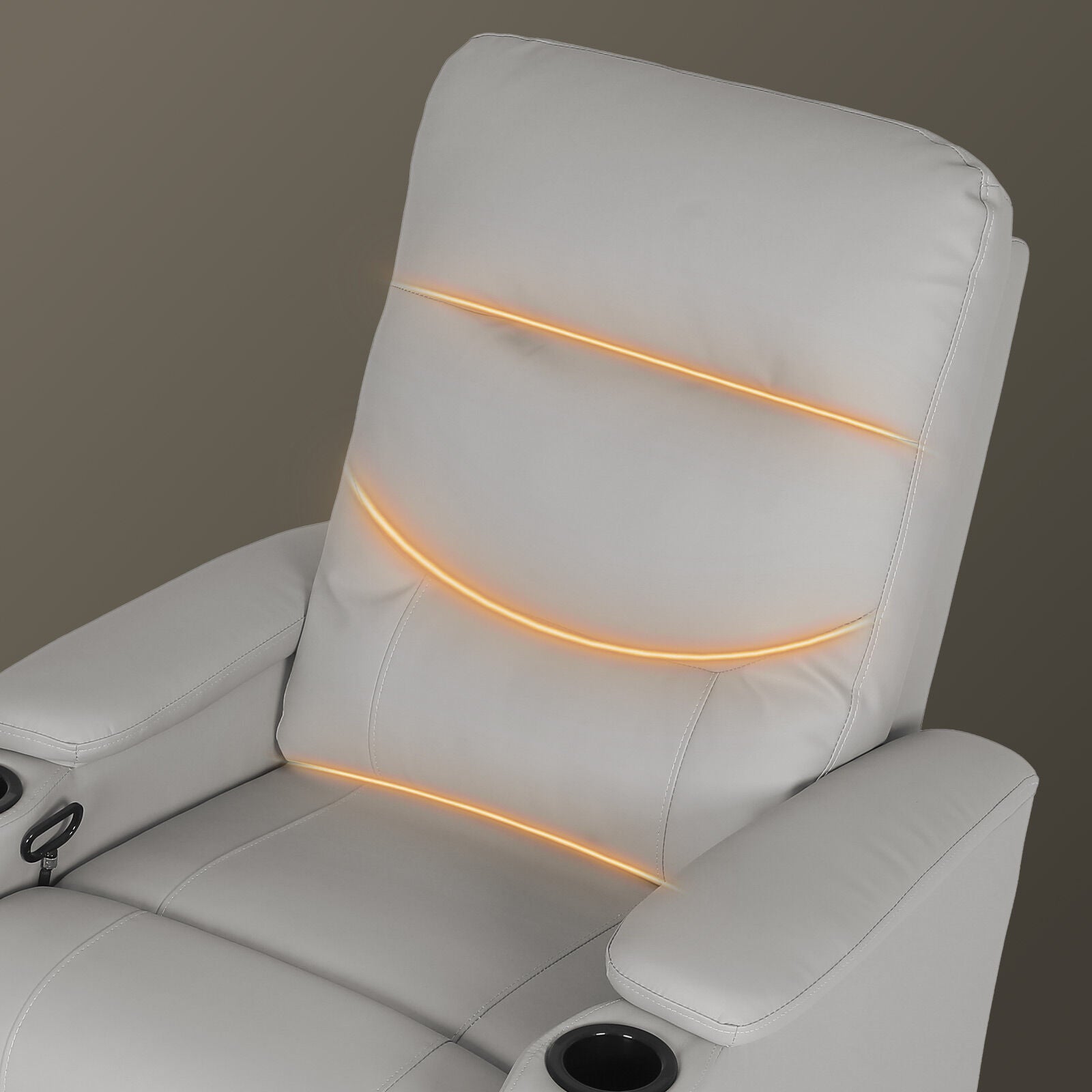 Close-up of light grey PU recliner backrest with two amber glowing massage stripe lines along seams, cup holder visible